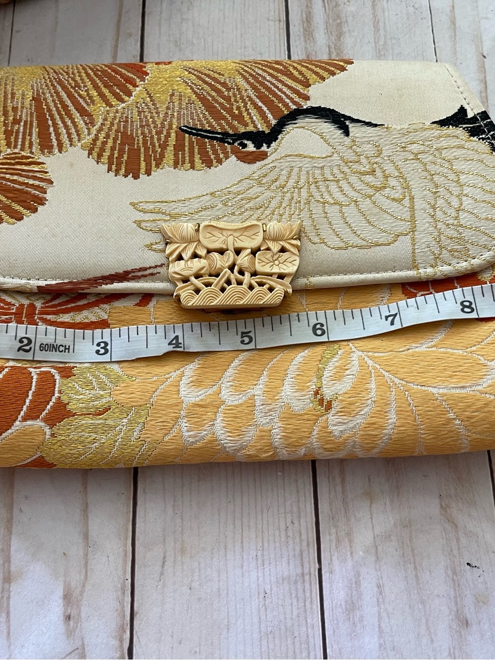 Vintage Japanese Yellow Satin Clutch with Carved Ivory Box Clasp - Picture 9 of 9